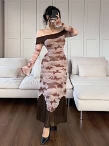 Feyla Women's Solid Color Contrast Off Shoulder Long Sleeve Minimalist Dress - Brown - View 2