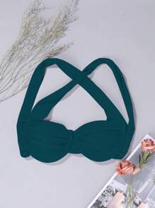 SHEIN Swim 1 件女式纯色褶皱性感比基尼上衣，带钢圈夏季 - 水鴨藍 - 查看 5