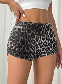 SHEIN EZwear 女士豹纹基本款紧身裤，时尚休闲，适合日常穿着 - 灰色 - 查看 4