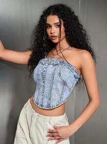 SHEIN EZwear Damen einfaches lässiges Denim Bustier Top, Alltagskleidung - Blau - Übersicht 1