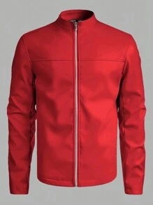 Manfinity VCAY Men's Casual Solid Color Stand Collar Leather Jacket, Autumn - Red - View 1