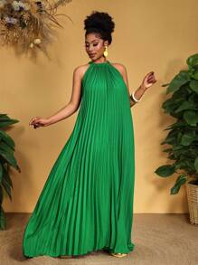 Slaydiva Vestido holgado de talla grande para primavera y verano, con escote halter sin mangas, plisado y dobladillo en A, ideal para vacaciones y citas, en color verde oscuro