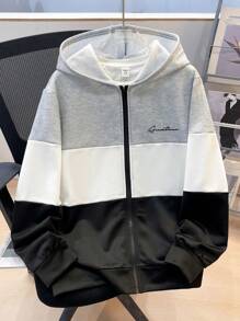 SHEIN 青少年男孩休閒寬鬆舒適百搭趣味拼接撞色連帽開襟運動外套，適合外出穿著 - 黑色 - 查看 7