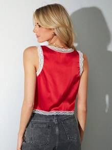 SHEIN EZwear Top corto ajustado de satén rojo sexy con encaje y lazo para mujer, ideal para fiestas - Rojo - Ver 2