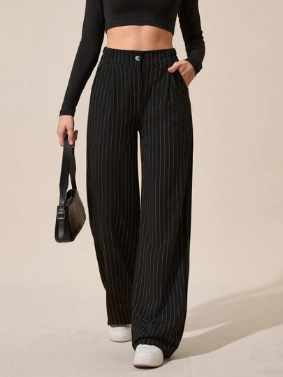 EURMUSE Plus Size Women's Striped Fold Over Pleated Wide Leg Pants Stripe Pants Pants Wide Leg