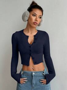 SHEIN Unity Women's Solid Color Front Button Long Sleeve Casual Blouse - Navy Blue - View 4