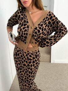 EURMUSE Woman Leopard Pattern Cardigan And Skirt Two Piece Set Co-Ords - Coffee Brown - View 3