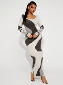SHEIN SXY Women All-Over Pattern Fitted Long Sleeve Sweater Dress, Autumn/Winter - Multicolor - View 2