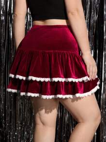 SHEIN MOD Plus Size Vintage Velvet Ruched Decorative Cute Cake Pleated Skirt, Valentine's Day Gift - Burgundy - View 7