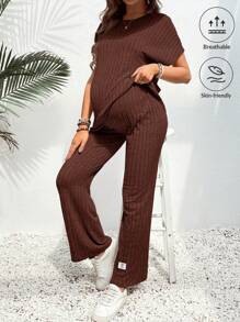 SHEIN 2pcs Maternity Solid Color Crew Neck Short Sleeve Ribbed T-Shirt And Pants Casual Set - Coffee Brown - View 4
