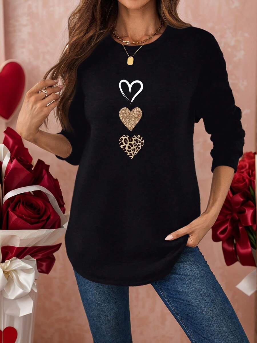 SHEIN LUNE Áo nỉ cổ tròn dày đính hình trái tim lấp lánh thường ngày cho nữ - màu đen - Xem 1