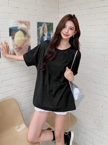 EastFlair Women's Oversize Comfortable Round Neck Drop Shoulder Split Design Letter Printed T-Shirt - Black - View 3