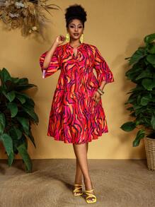 Slaydiva Plus Size Women Summer Animal Pattern A-Line Dress - Red - View 6