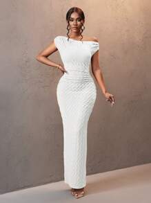 Slaydiva Vestido elegante y sexy de dama con hombro descubierto, de tela con textura a rayas, ideal para fiestas, Día de San Valentín, Año Nuevo o vacaciones. Colección Otoño/Invierno 2024