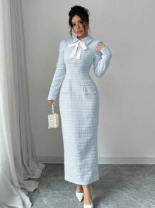 Modelyn 女士优雅纹理粉色粗花呢仿珍珠纽扣长袖连衣裙，秋冬季长款晚礼服