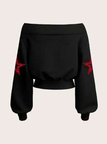 Jersey corto informal de hombros descubiertos con estampado de estrella de cinco puntas, de manga larga - Negro 2 - Ver 5