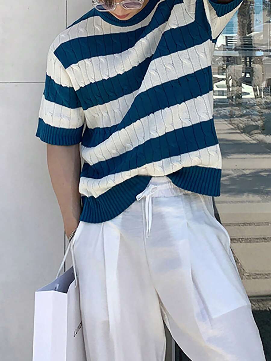 Claim Dot 男士双色拼色粗针织上衣，时尚外出，送给朋友 - 藍白色 - 查看 1