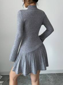 SHEIN Unity 女士纯色高领优雅褶皱 A 字形喇叭袖针织连衣裙 - 灰色 - 查看 2