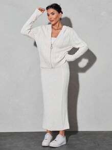 EURMUSE Hooded Zippered Twist Strip Two-Piece Set - Apricot - View 5