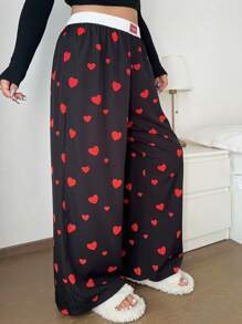 POPSWAY Plus Size Dames Losse Casual Wijde Broek Met Letterprint & Hartontwerp, Valentijn