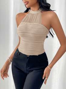 Firerie Pakaian Fashion Camisole Rajut Tanpa Lengan Leher V dengan Sisipan Jala - Khaki - View 4