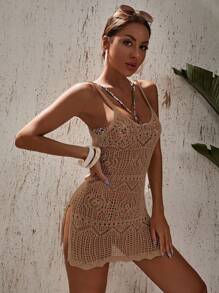 Swim Vcay Women Holiday Solid Color Hollow Camisole Cover-Up Dress Summer - Khaki - View 5