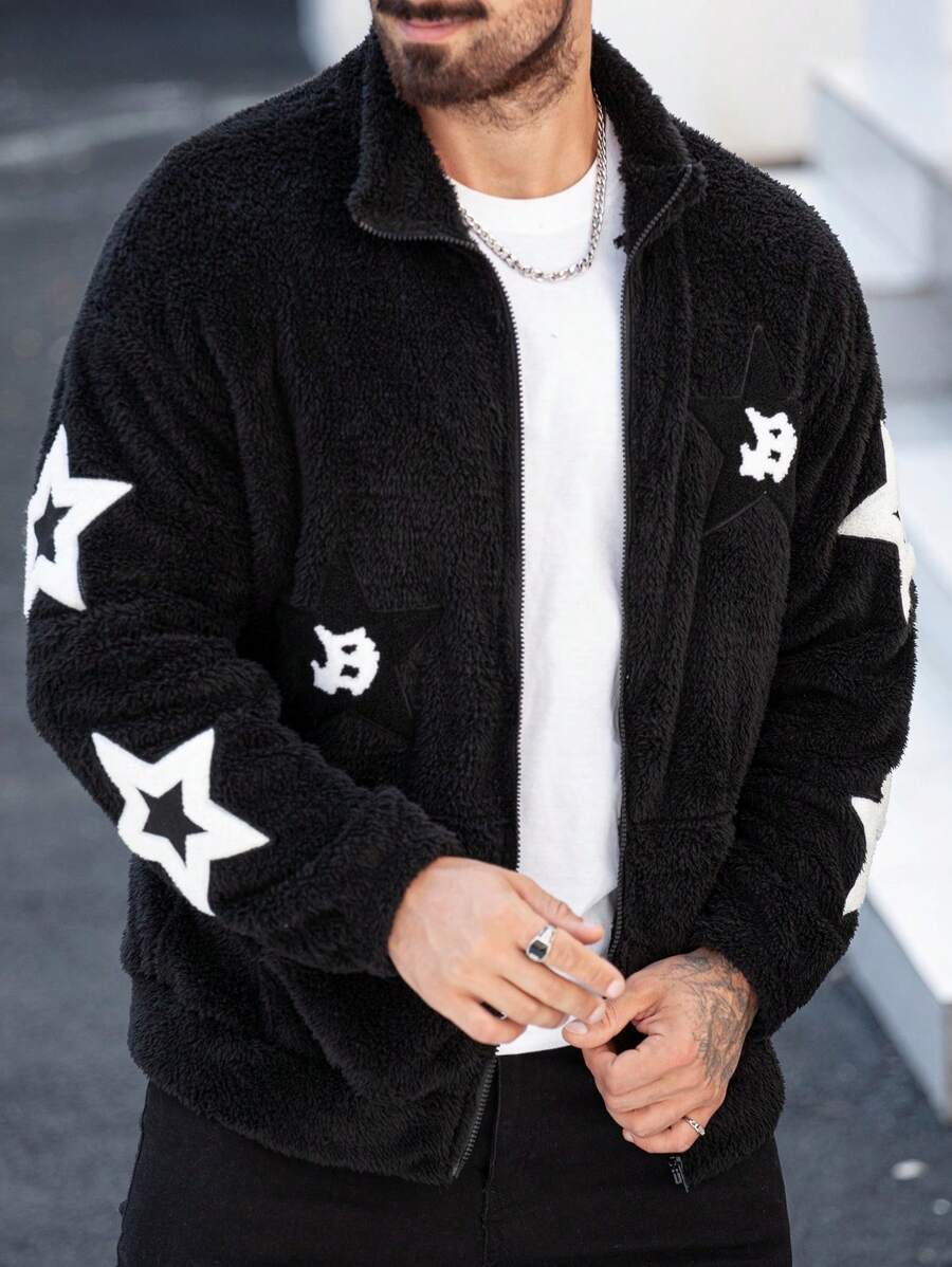 Manfinity Homme Men's Casual Star Applique Fleece Jacket, Autumn/Winter - Black - View 1