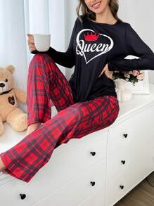 情人节情侣爱心皇冠休闲格子撞色女士睡衣套装，秋冬服装 - 彩色 - 查看 5