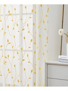 Perdele transparente cu broderie botanică / Perdea transparentă albă simplă cu buzunar / Perdele din voal semi-transparente cu aspect de in, model floral de viță de vie brodate / Pentru dormitor, sufragerie, decor de toamnă, decor de toamnă, decor cameră - Galben - Vizualizare 9