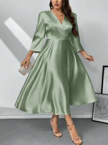 Firerie Plus Size Women Romantic Elegant Long Sleeve V-Neck A-Line Midi Dress, Suitable For Bridesmaid, Date, Party, Wedding, Loose Fit