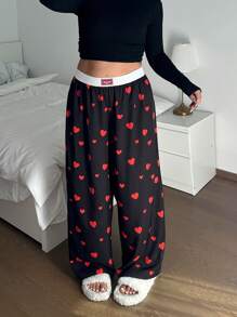 POPSWAY Plus Size Dames Losse Casual Wijde Broek Met Letterprint & Hartontwerp, Valentijn