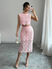 Breezaya Pink Lace Luxury Crew Neck High-Quality Slim Fit Coordinated Set