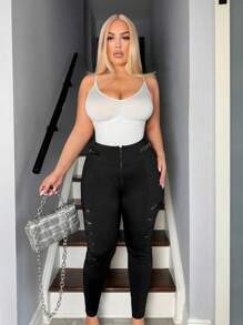 Allurite Plus Size Women Ripped Lace High Waist Zipper Leggings Fall Cloth For Women - Black - View 6