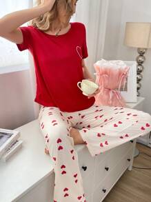 Red Heart Print Short Sleeve & Pants Pajama Set - Multicolor - View 6