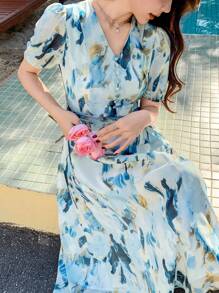 DAZY Women's Elegant Tie Dye Puffy Sleeve Mid-Length Dress Floral Summer