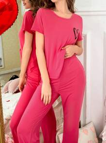 心形与字母图案短袖和长裤女士睡衣套装 - 粉色 - 查看 6