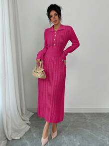 Chiquease Elegant Solid Color Waist-Cinched Long Sweater Dress For Autumn/Winter - Hot Pink - View 3