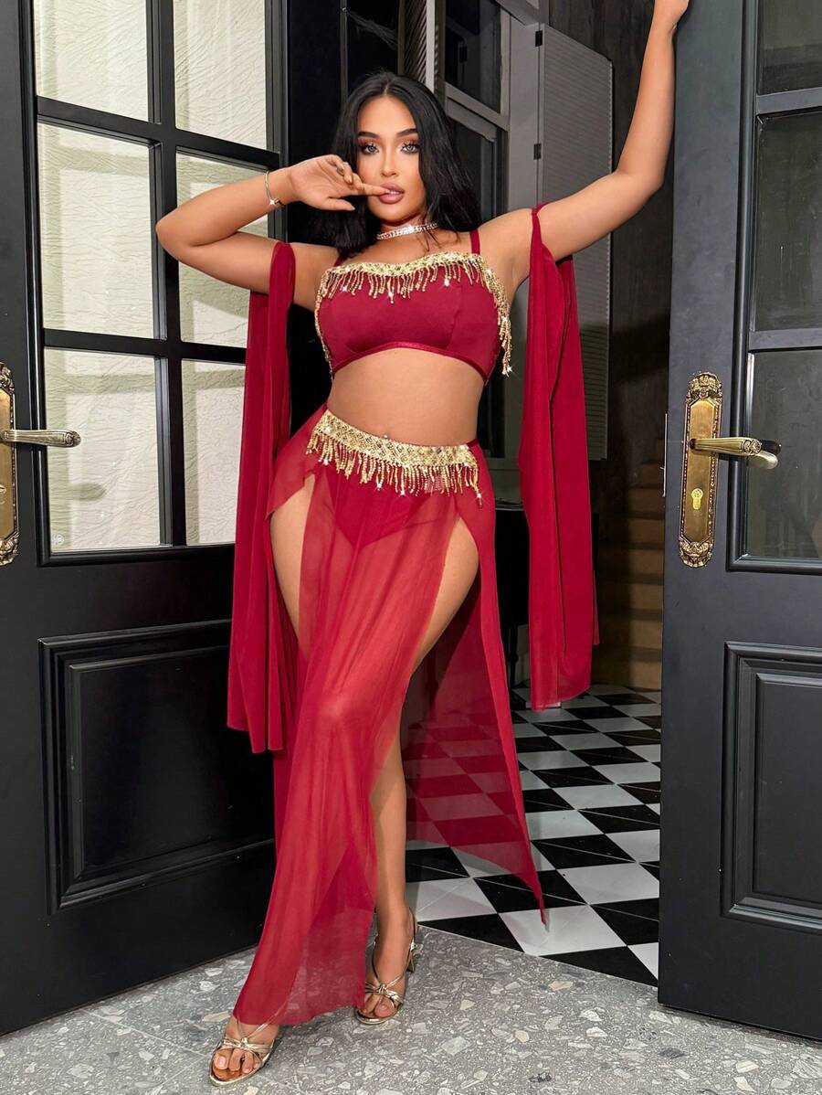 Fantasy Costume Fantasy Costume 4pcs Plus Size Mesh Tassel Lingerie Set - Burgundy - View 1