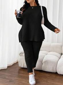 SHEIN CURVE+ 2pcs Curve Plus Size Women Knitted Ribbed Texture Loungewear Set, Casual & Comfortable For Autumn/Winter - Black - View 5