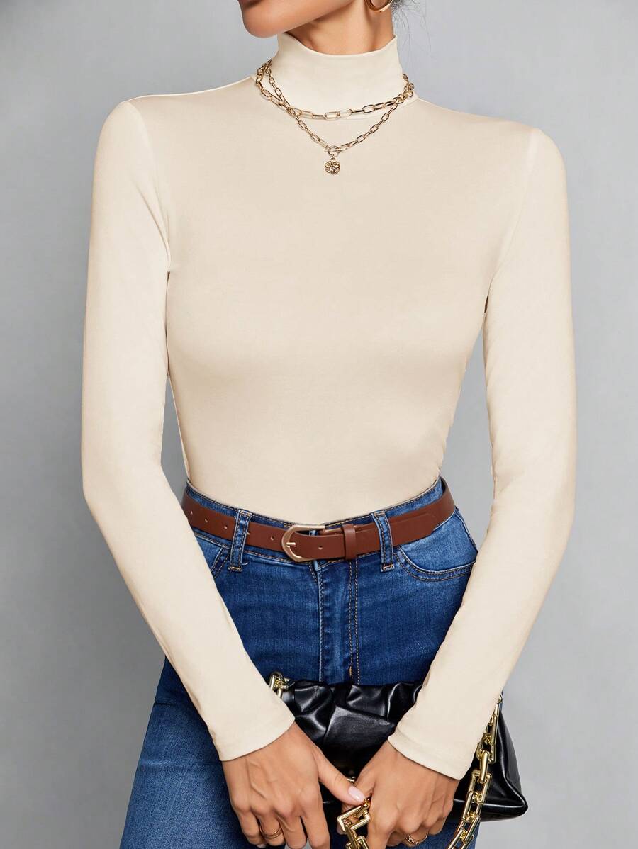 SHEIN Tall Simple Solid Color Slim High Collar White Top Suitable For Autumn And Winter Basic Long Sleeve Tops, Tall Women - Beige - View 1