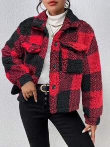 SHEIN Unity Chaqueta informal de forro polar de cuadros en bloques de color, para otoño/invierno - Rojo - Ver 4