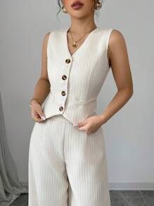 Elenzga Set de 2 piezas de chaleco de tweed para mujer, conjunto elegante de diseño regular con cremallera