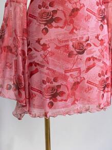 Soleia Women Plus Size Vacation Floral Print V-Neck Lace Trim Bowknot Decor Vintage Print Flare Sleeve A-Line Mini Dress, Autumn/Winter - Multicolor - View 3