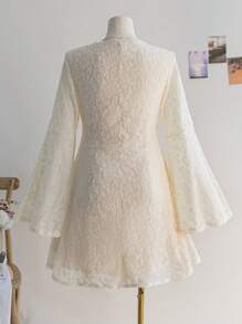 Dreamara Plus Size Women's Square Neck White Lace Trim Ruffle Sleeve A-Line Mini Dress, Vacation Wear, Spring,Graduation Dress - White - View 2