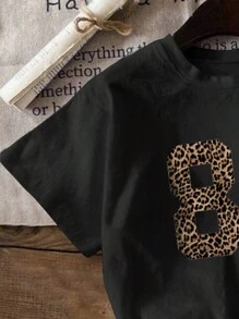 Teen Girl Leopard Print Short Sleeve Casual T-Shirt, Minimalist Fashion Daily Wear