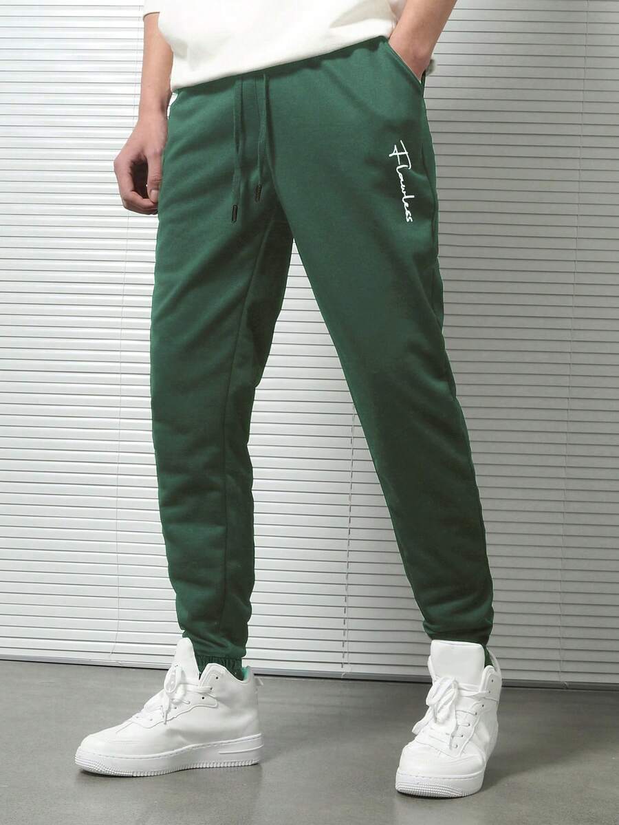 EURMUSE Pantalones jogger de hombre de algodón con cordón impresión de letras - Verde - Ver 1