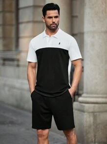 Manfinity Homme Men's Polo Shirt & Shorts Set, Simple Casual Style For Daily Wear - Black and White - View 4