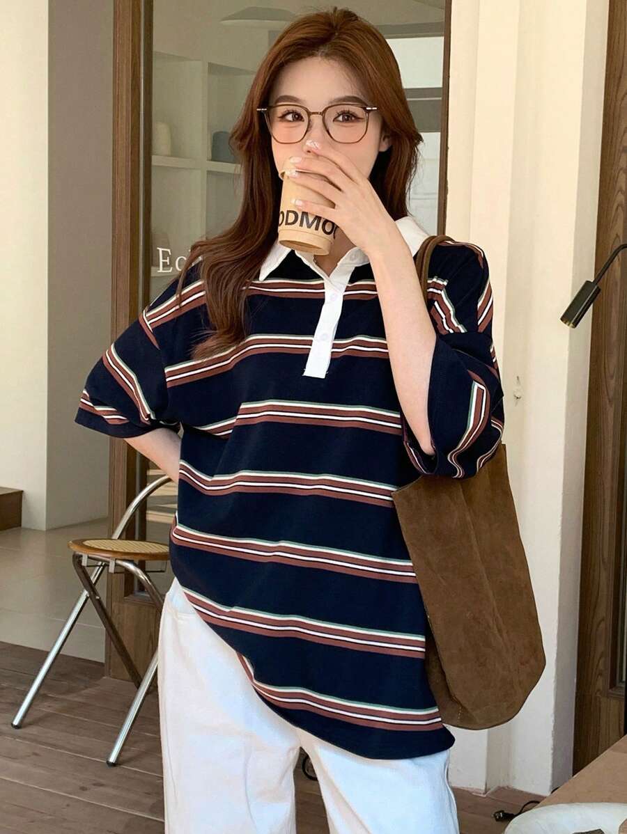 DAZY 休闲运动春夏拼接撞色条纹宽松长袖T恤女秋装 - 藍色 - 查看 1