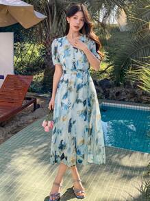 DAZY Women's Elegant Tie Dye Puffy Sleeve Mid-Length Dress Floral Summer