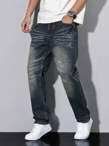 Manfinity Homme Men's Casual Distressed Tapered Fit Denim Jeans Dark Blue Distressed Straight Leg Dark Wash Jeans, For Husband, Boyfriend Gifts Going Out Hang Out Vacation Street Work